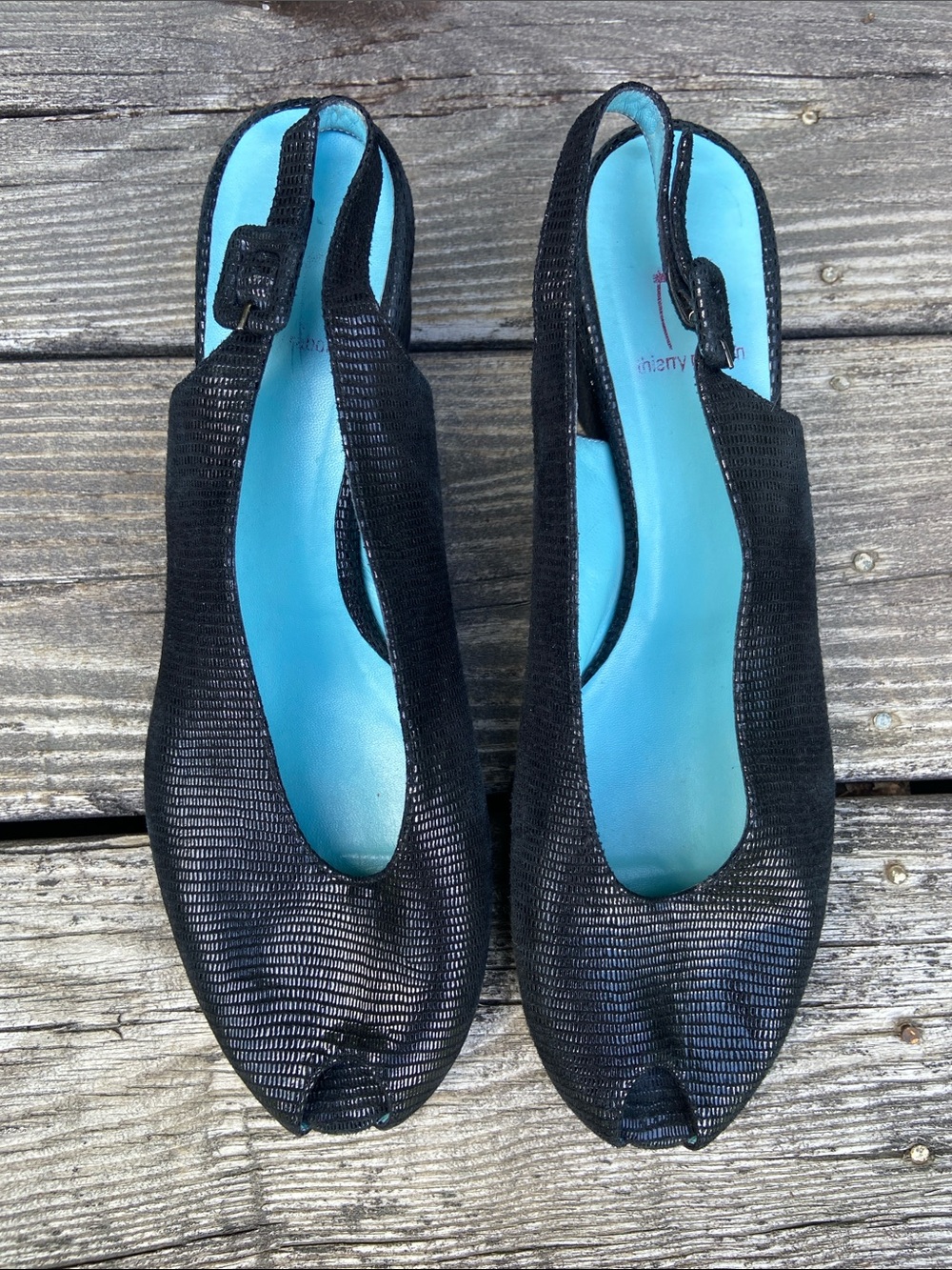 Thierry Rabotin Black Suede Peep Toe Slingback Low Wedge Shoes Women's Size 9.5